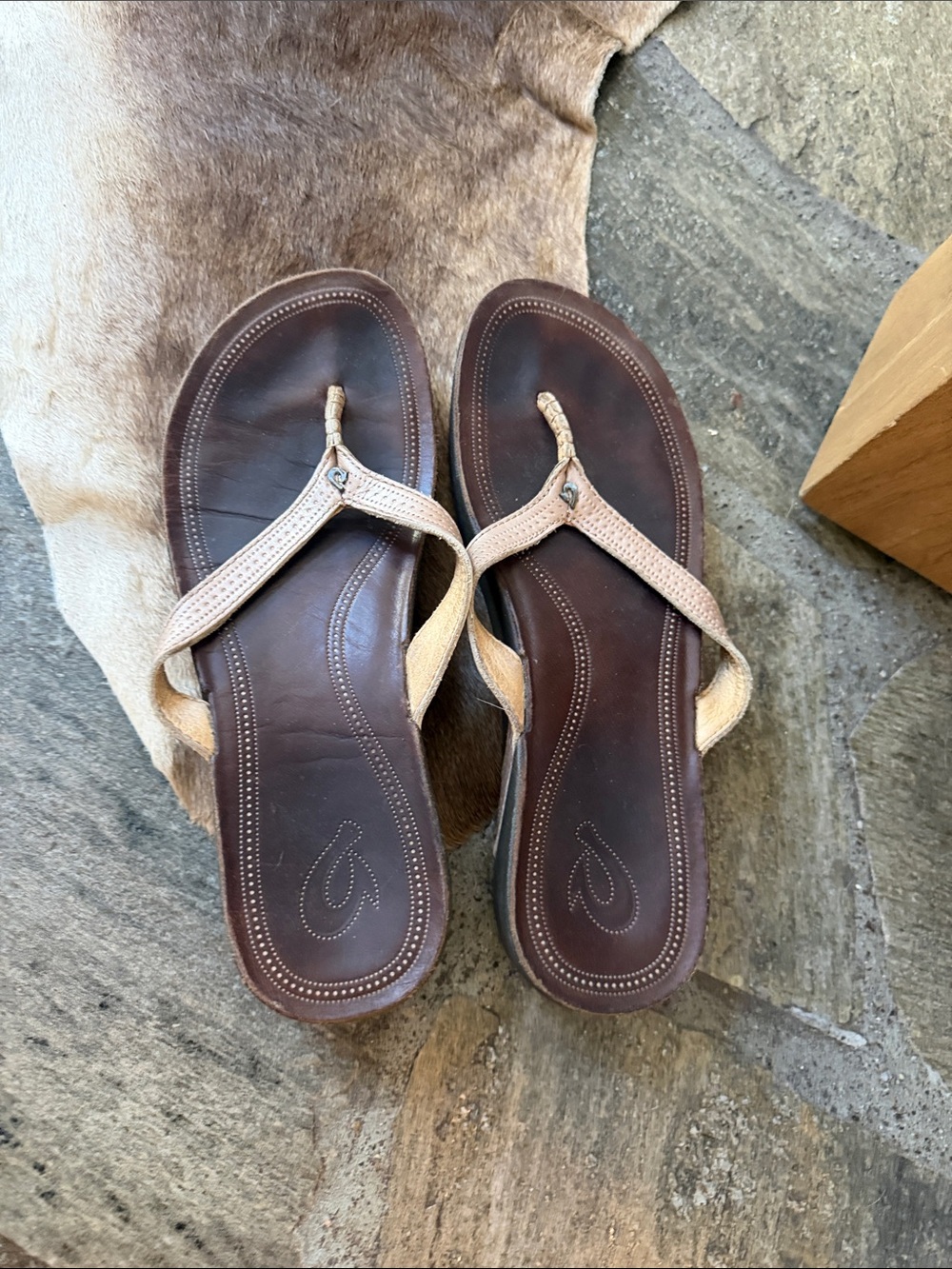 OluKai Brown Footbed Sandals with Beige Straps